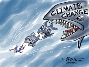 A cartoon showing a shark labeled "climate change" hunting a fish labeled "racism", chasing a fish labeled "pandemic", chasing Uncle Sam.