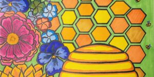 Drawing of a bee hive in front of a collection of colorful flowers, honeycomb, and honeybees.