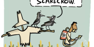 Comic: Two crows perch on the arm of a scarecrow while they look at a man spraying pesticides on a field of corn. One of the crows points to the man and says "Psst! That one's the real scarecrow."