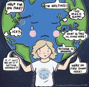 Comic of a woman holding up the Earth while it sheds a tear. Speech bubbles pop up across the glob of people expressing their distress over the impacts of climate change. The woman wears a shirt with an image of the Earth and the words "Stop killing me please"