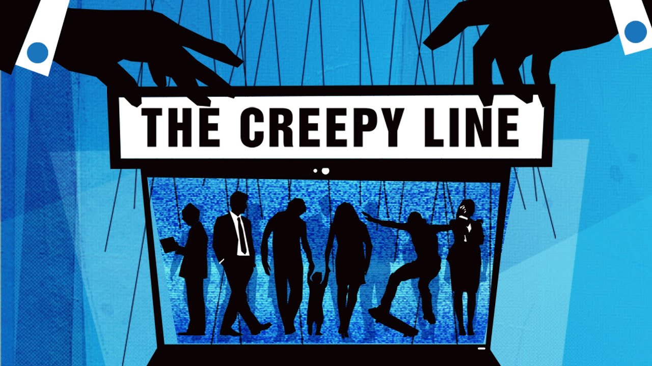 The Creepy Line movie poster, showing a silhouette of a pair of hands holding puppet strings over a laptop with the silhouettes of a variety of people.