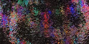 Colorful holiday lights reflected in a dark wet street.
