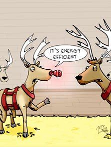 Comic showing a reindeer with a red nose shaped like a fluorescent lightbulb saying to another reindeer: "It's energy efficient."