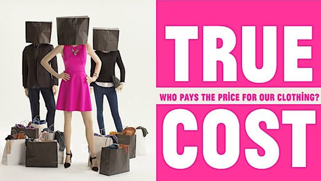 Title card for True Cost: Who Pays The Price For Our Clothing. Three people stand with shopping bags over their heads and full shopping bags at their feet.