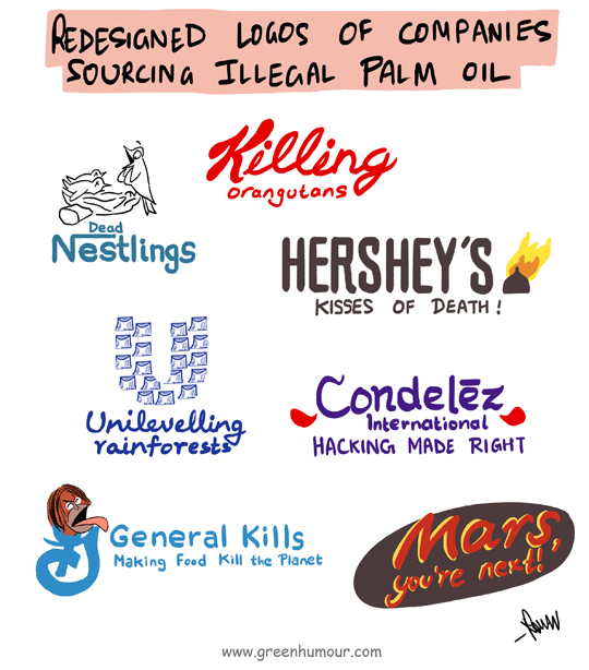 Redesigned logos of companies sourcing illegal palm oil. Each logo reveals how the brand is causing environmental harm and killing wildlife through their use of palm oil.