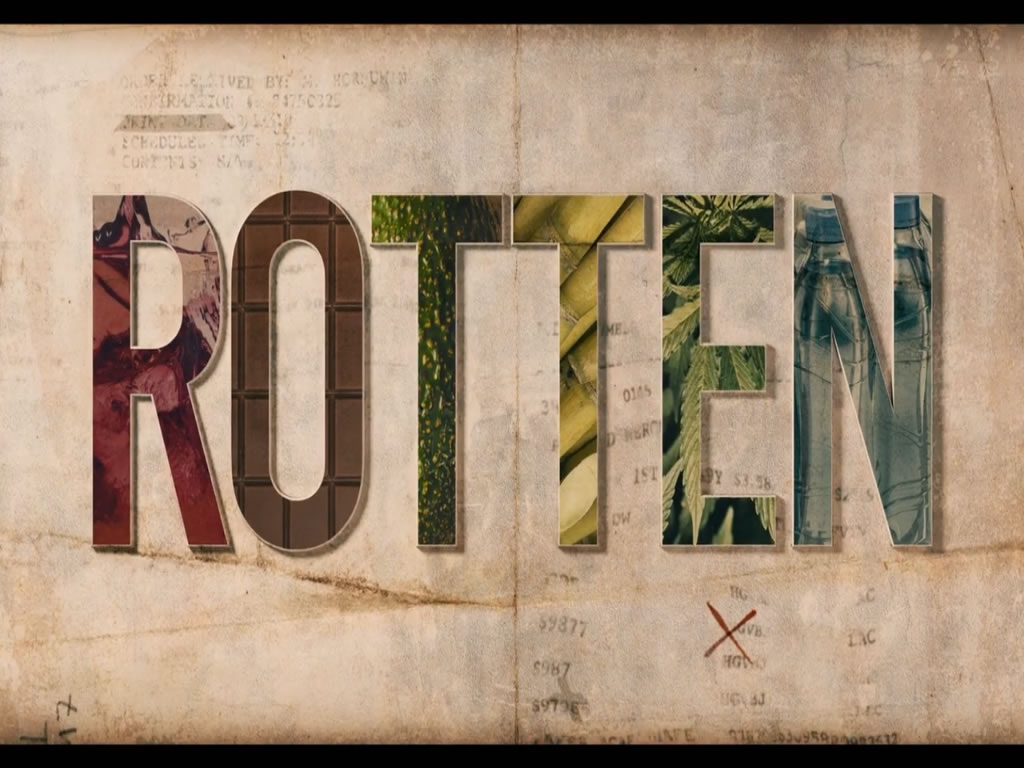 Title card for Rotten, with images of different foods within each letter of the title.
